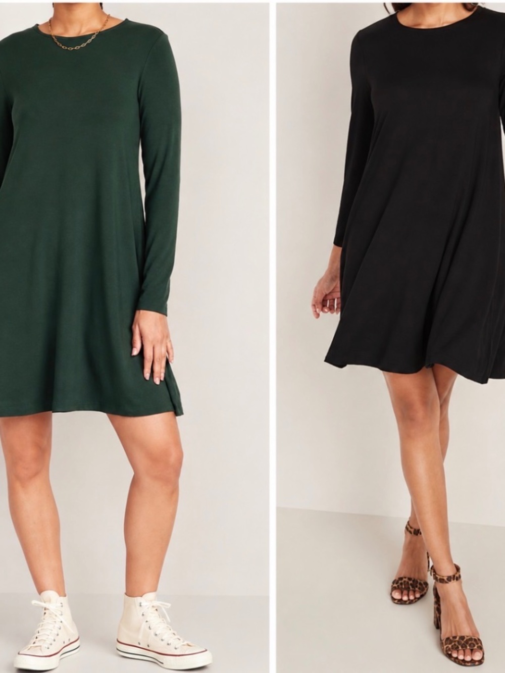 2 Old Navy Mini Swing Dress Set Womens M Green Black Long Sleeve Jersey Knit NWT